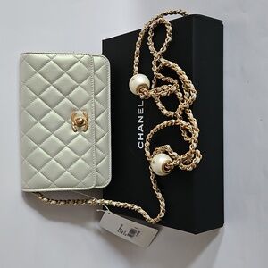 NEW CHANEL Agne Perle Pearl Ball Light Gray Mini Bag Wallet On Chain